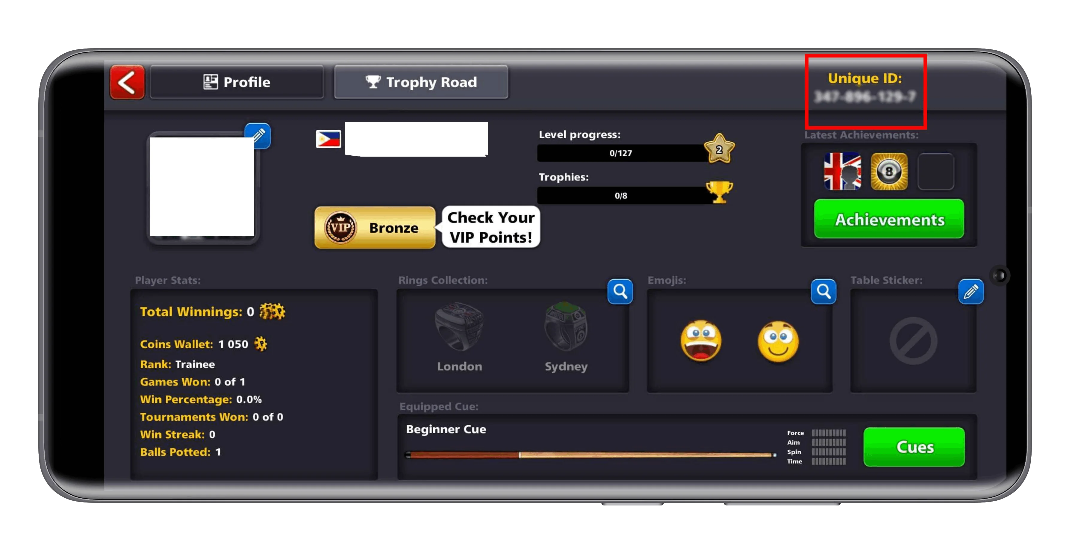 Profil 8 Ball Pool dengan kotak merah pada Unique ID di pojok kanan atas.