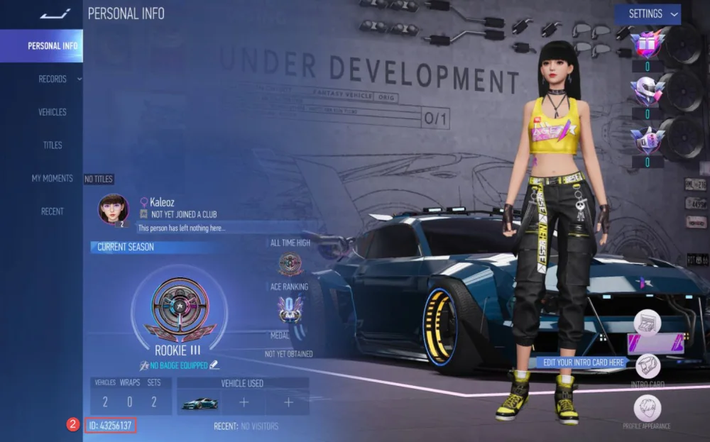 Halaman Personal Info Ace Racer yang menampilkan profil pemain dan nomor User ID di kiri bawah.