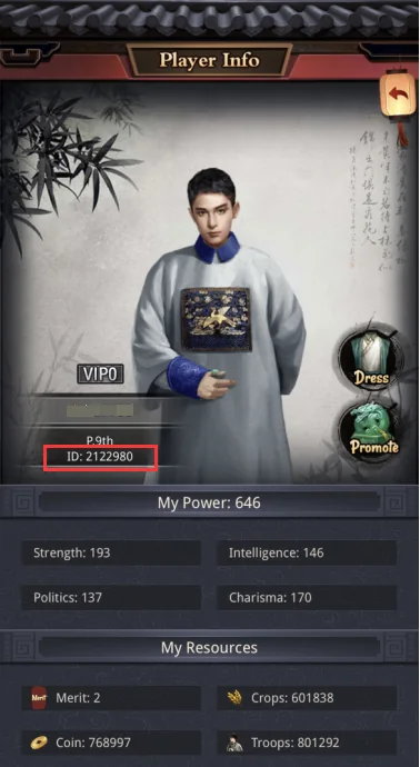 Panel Player Info Be The King dengan kotak merah pada Player ID di bawah avatar.
