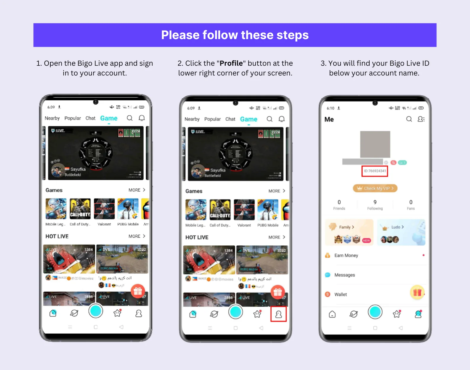 Langkah membuka menu Profile BIGO LIVE dan menemukan BIGO ID di bawah nama akun.