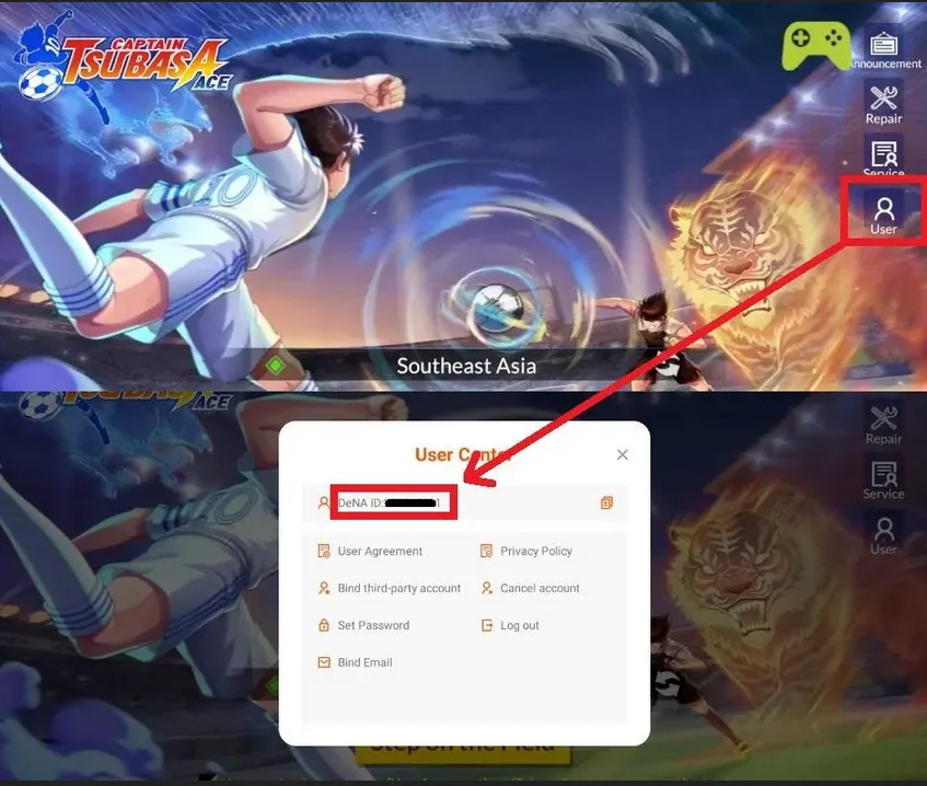 Layar masuk Captain Tsubasa Ace dengan panah menuju menu User dan DeNA ID di User Center.
