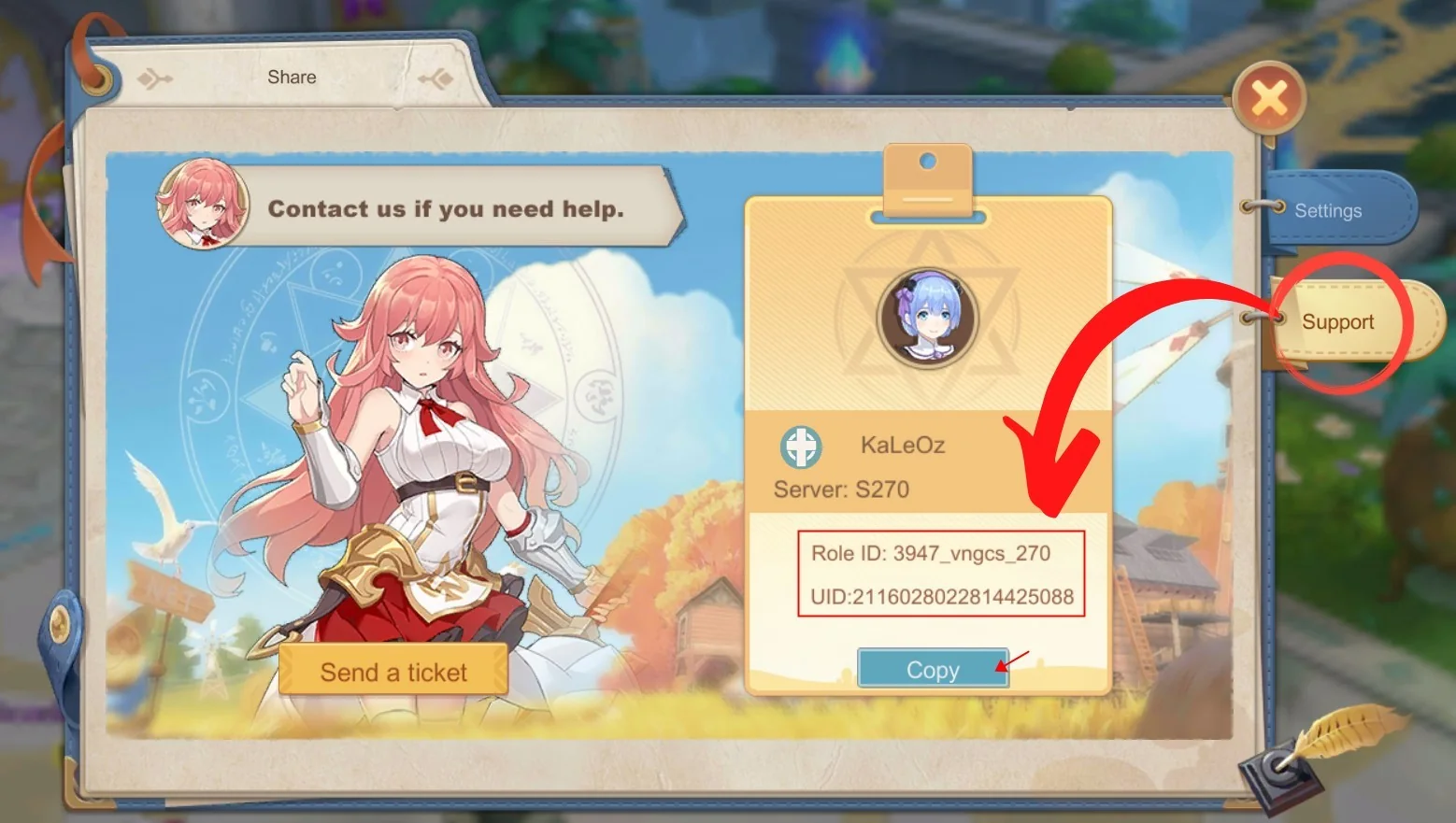 Tab Support Cloud Song yang menampilkan Role ID, UID, nama server, dan tombol Copy.