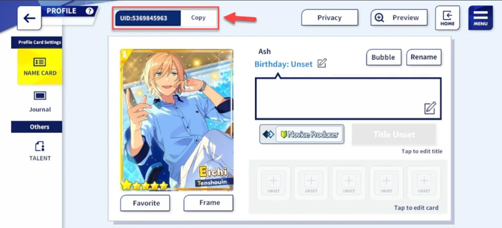 Profil Ensemble Stars Music dengan panah menuju UID dan tombol Copy di kiri atas.