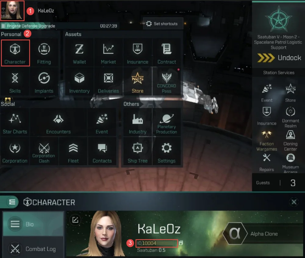Menu dan halaman Character EVE Echoes dengan penanda ID di bawah nama karakter.