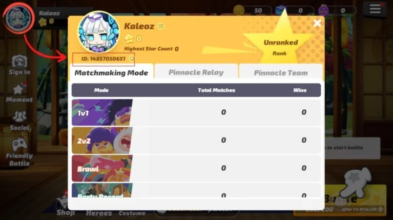 Panel profil Flash Party dengan avatar kiri atas dan Player ID di bawah nama pemain.