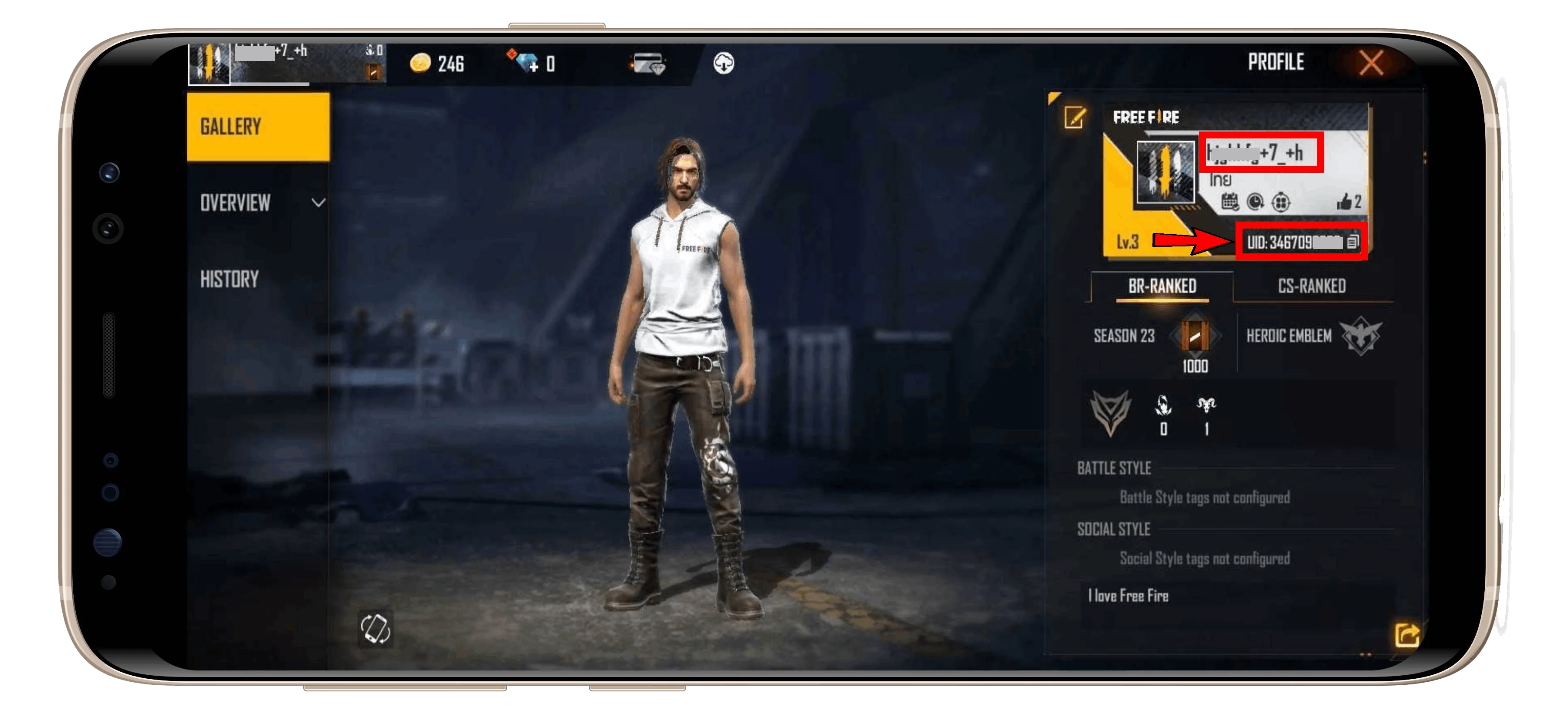 Profil Free Fire dengan kotak merah dan panah yang menunjukkan UID pada panel akun di sebelah kanan.