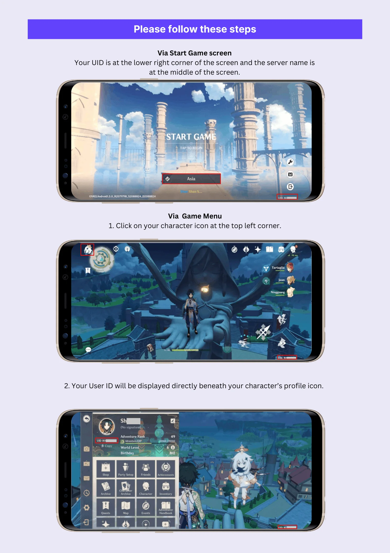 Contoh lokasi UID Genshin Impact pada layar masuk, pojok kanan bawah game, dan menu profil.