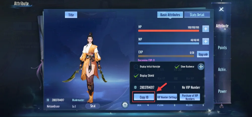 Panel atribut Ghost Story Love Destiny dengan panah menuju tombol Copy ID di bawah nomor karakter.