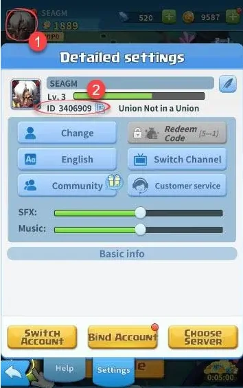 Detailed settings Hero Clash dengan avatar dan nomor ID karakter diberi penanda.