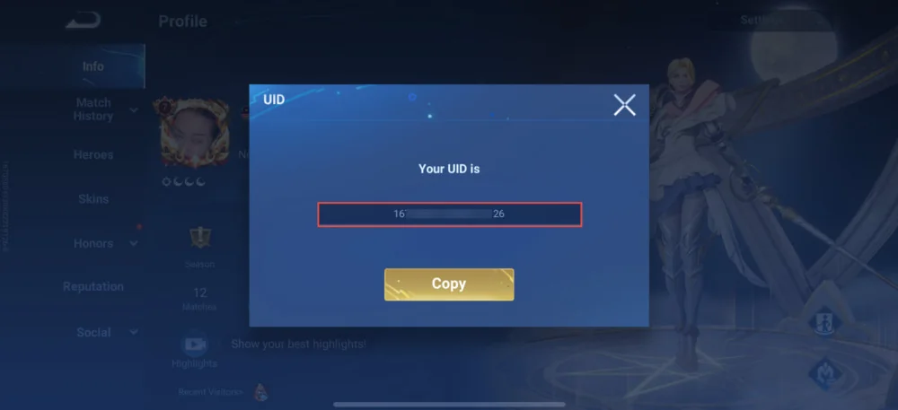 Jendela UID pada profil Honor of Kings dengan penanda nomor akun dan tombol Copy.