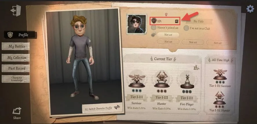 Buku profil Identity V dengan panah dan kotak merah pada User ID di dekat avatar.