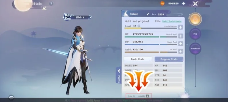 Panel Stats Jade Dynasty: New Fantasy dengan Role ID ditandai di bagian bawah informasi karakter.