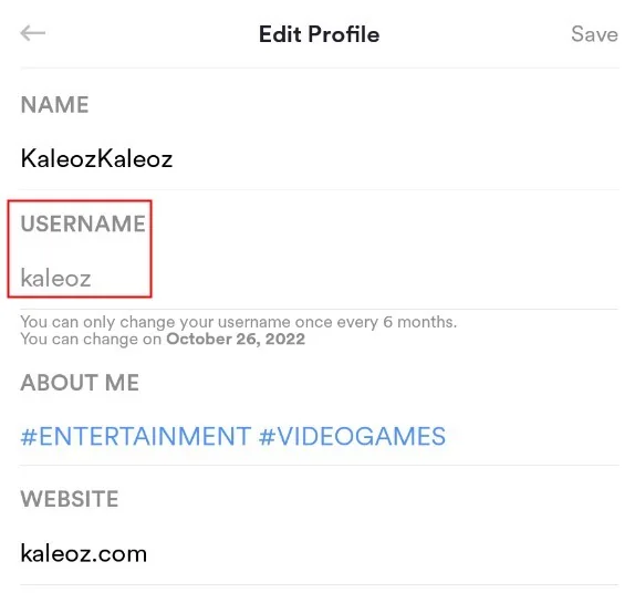 Halaman Edit Profile Kumu dengan kolom Username diberi penanda merah.