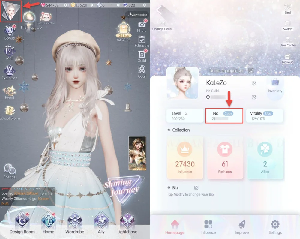 Layar utama dan profil Life Makeover dengan penanda nomor ID pada informasi karakter.