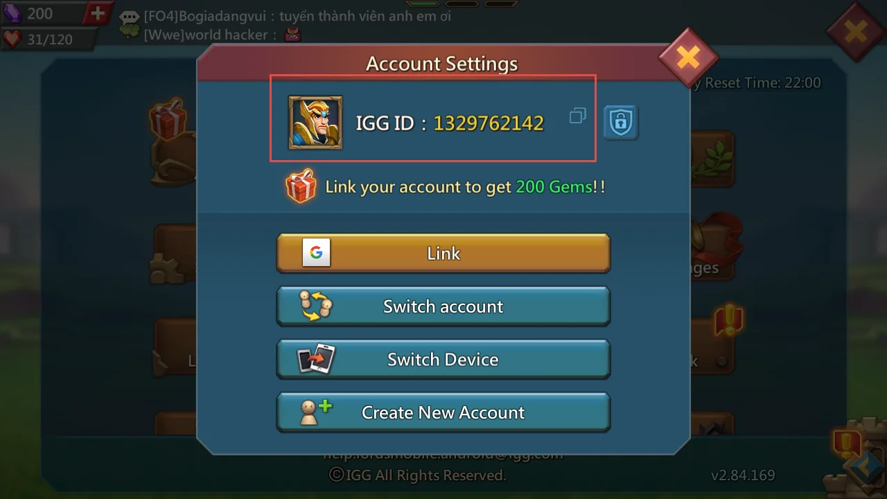 Panel Account Settings Lords Mobile dengan kotak merah pada IGG ID dan ikon salin.
