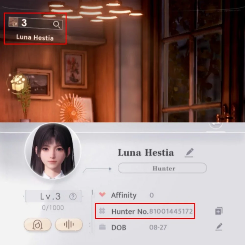 Layar utama dan profil Love and Deepspace dengan kotak merah pada Hunter No. di panel informasi.