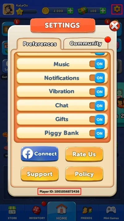 Panel Settings Ludo Club dengan kotak merah pada Player ID di bagian paling bawah.