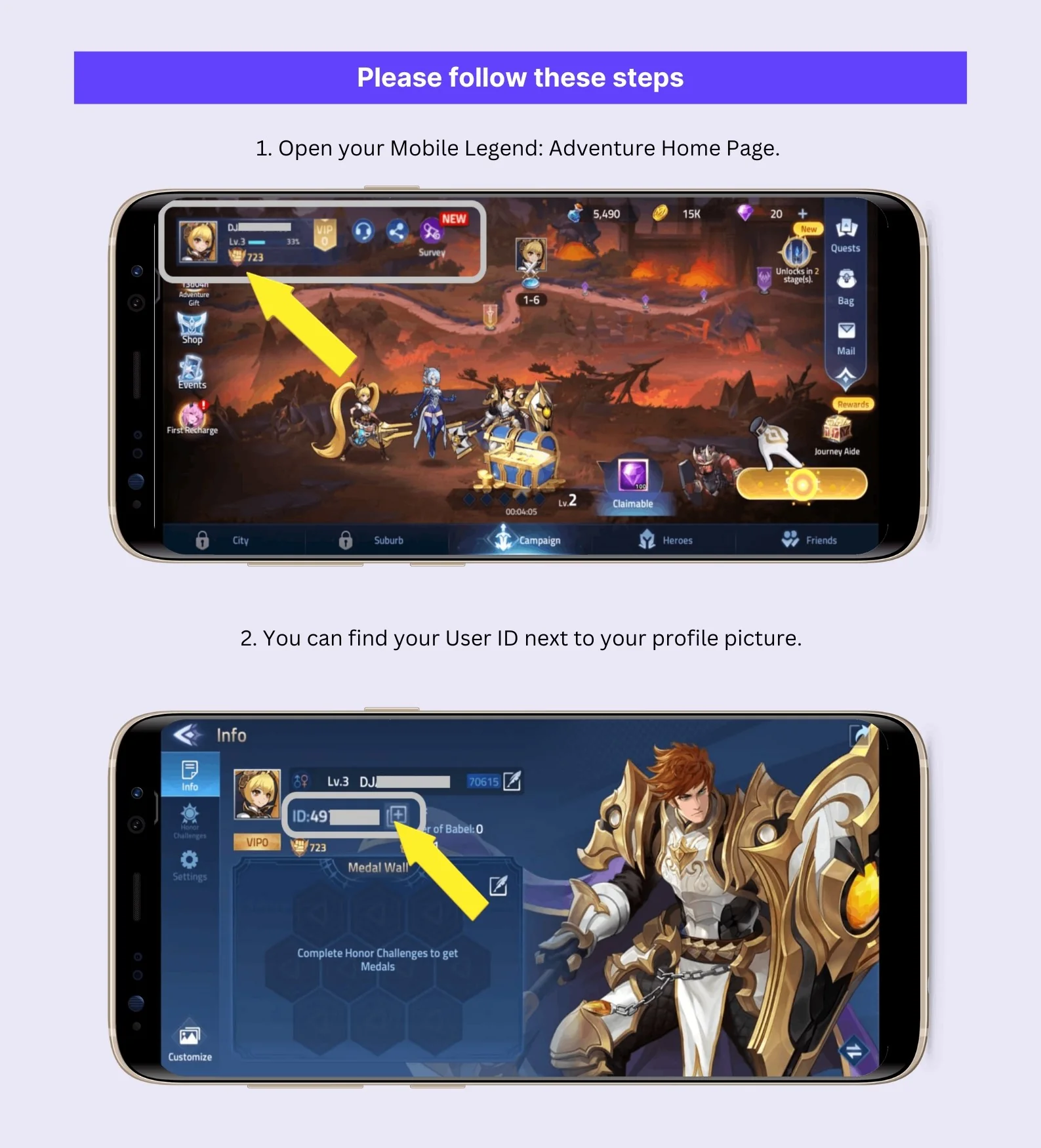 Layar utama dan profil Mobile Legends Adventure dengan panah menuju avatar dan User ID.
