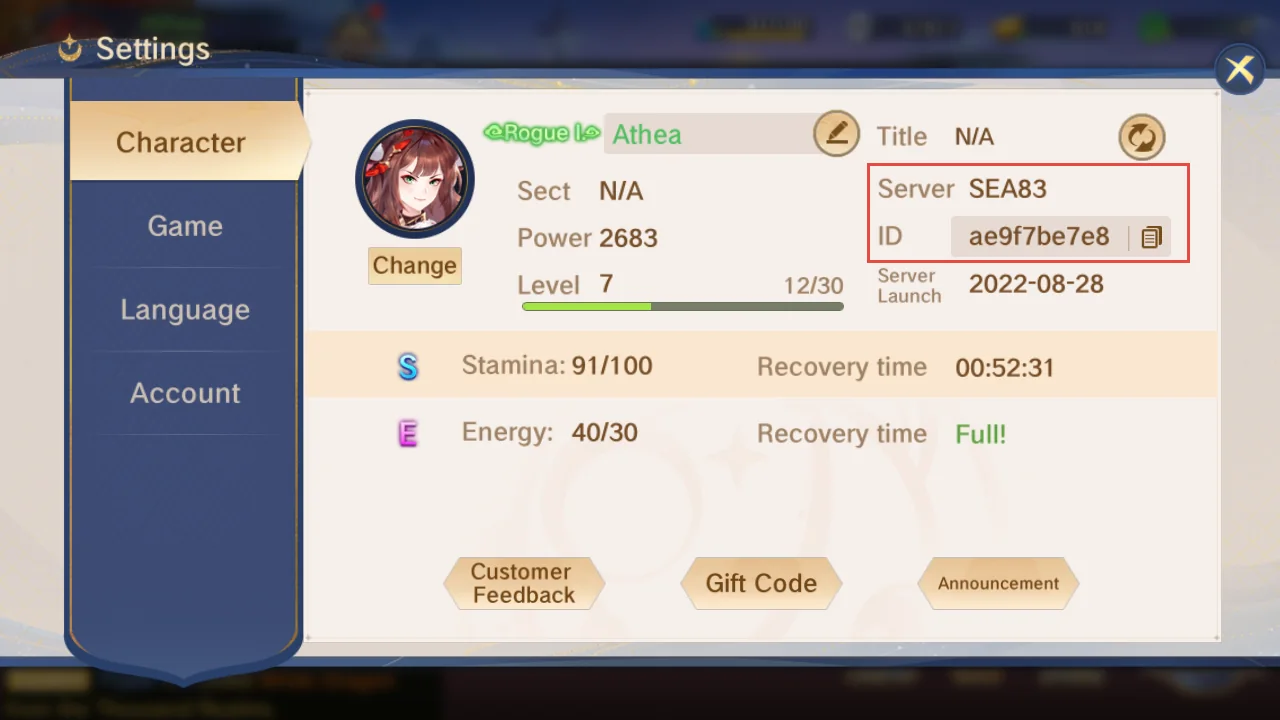 Panel Character Monkey King Arena of Heroes dengan kotak merah pada Server dan ID.
