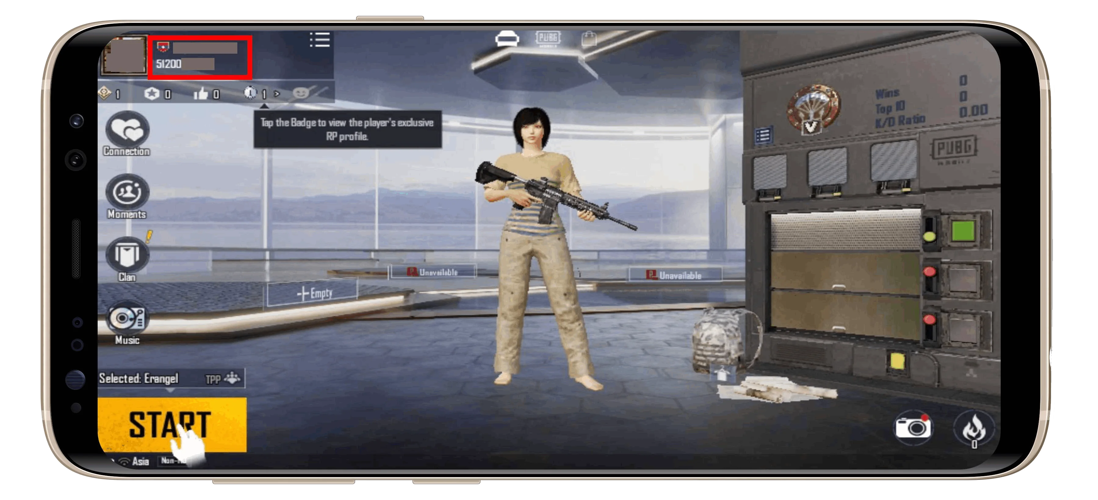 Lobi PUBG Mobile dengan kotak merah pada avatar kiri atas untuk membuka informasi profil.