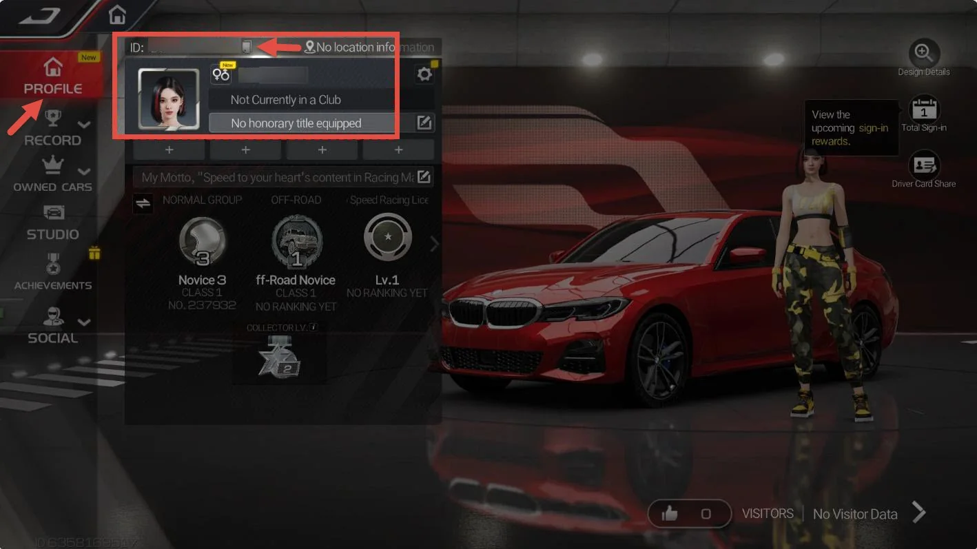 Layar Racing Master dengan penanda avatar dan informasi profil di kiri atas.