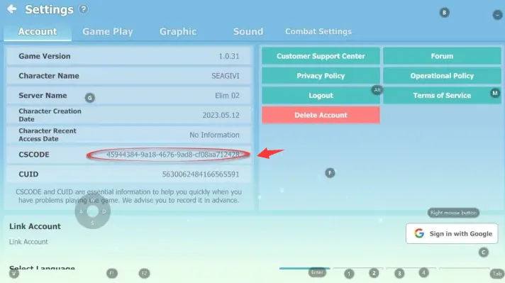 Tab Account pada Settings Seal M dengan CSCODE dilingkari dan Server Name terlihat di atasnya.