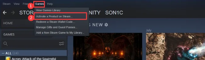 Menu Games pada aplikasi Steam dengan pilihan Activate a Product on Steam ditandai untuk aktivasi kode game.