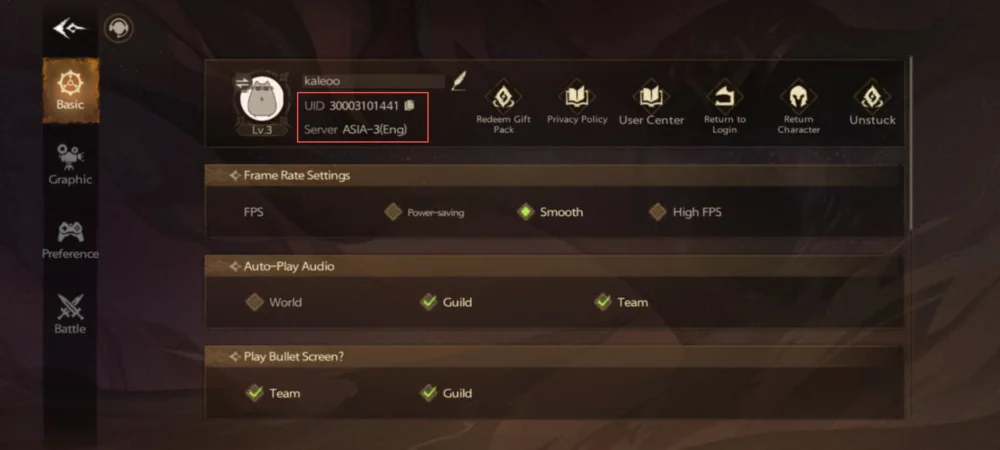 Halaman Settings Tarisland dengan kotak merah pada UID dan Server di bagian atas.