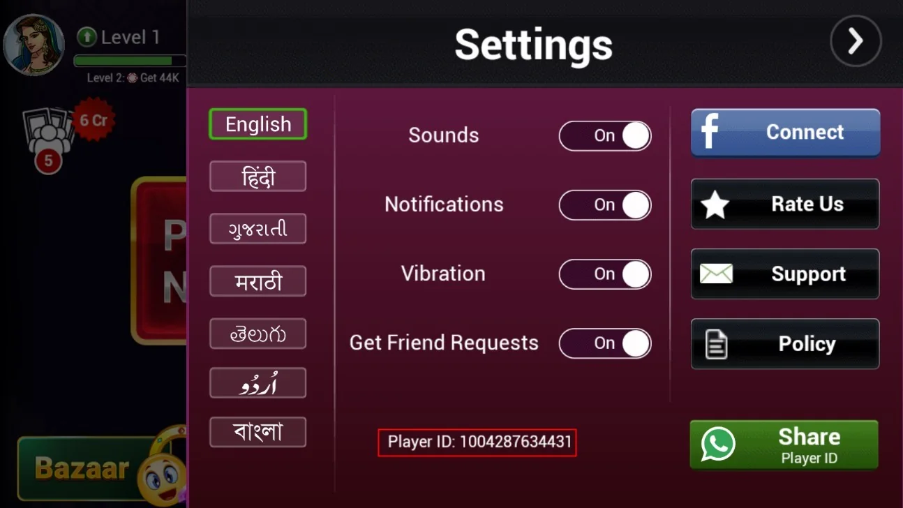 Panel Settings Teen Patti Gold dengan Player ID ditandai di bagian bawah layar.