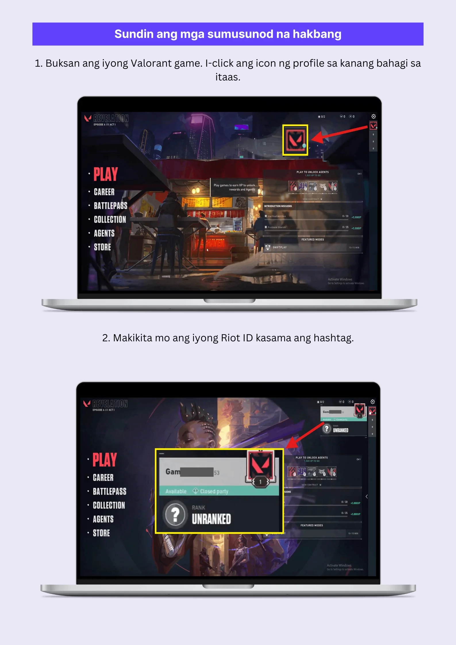 Tampilan VALORANT dengan penanda profil kanan atas dan Riot ID pada kartu akun.