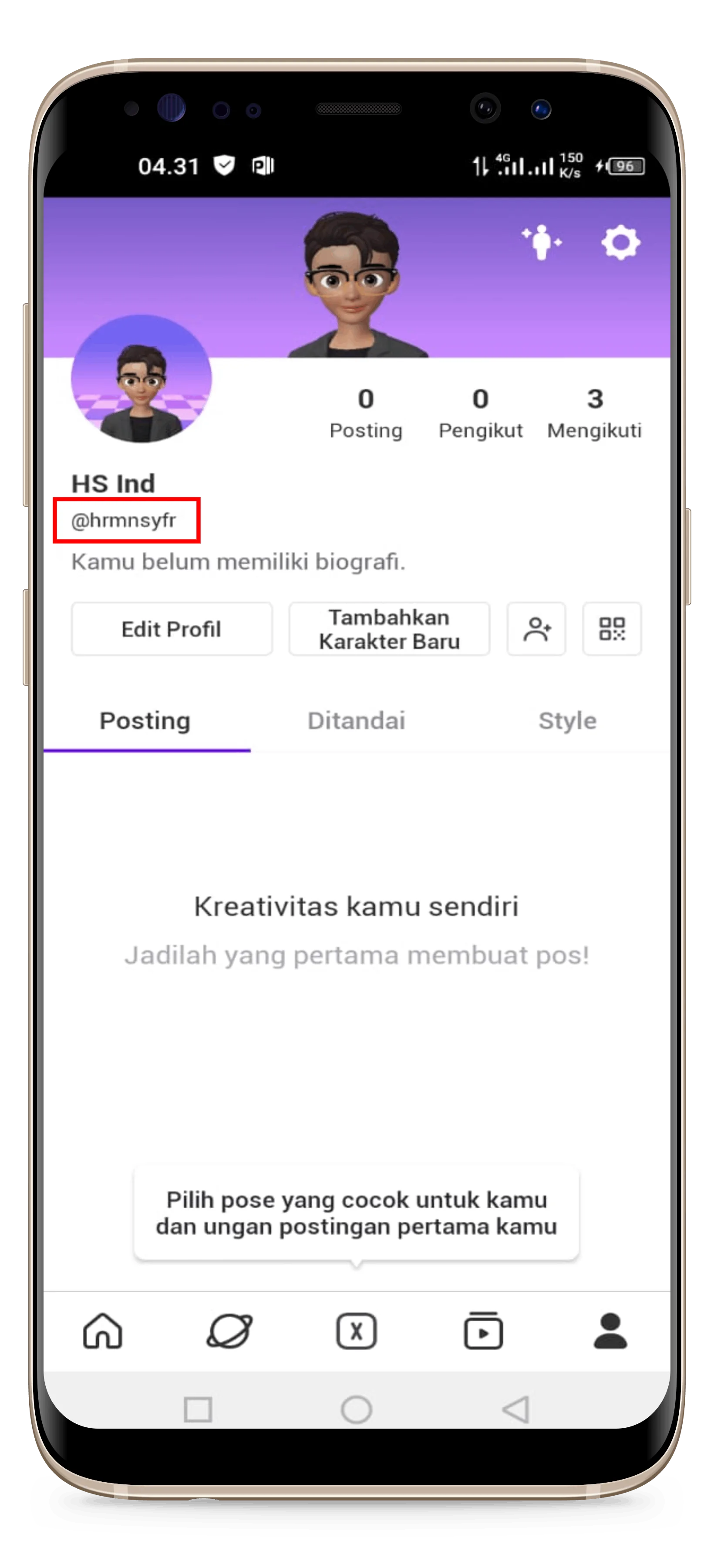 Halaman profil ZEPETO dengan kotak merah yang menandai username di bawah nama akun.